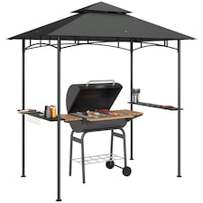 Outsunny 2.4 x 1.5 m Grill Gazebo Canopy with LED Lights, Double Tiered Outdoor BBQ Gazebo Shelter with 2 Side Shelves, Storage Basket and Hooks for Garden, Barbecue, Picnic, Dark Grey