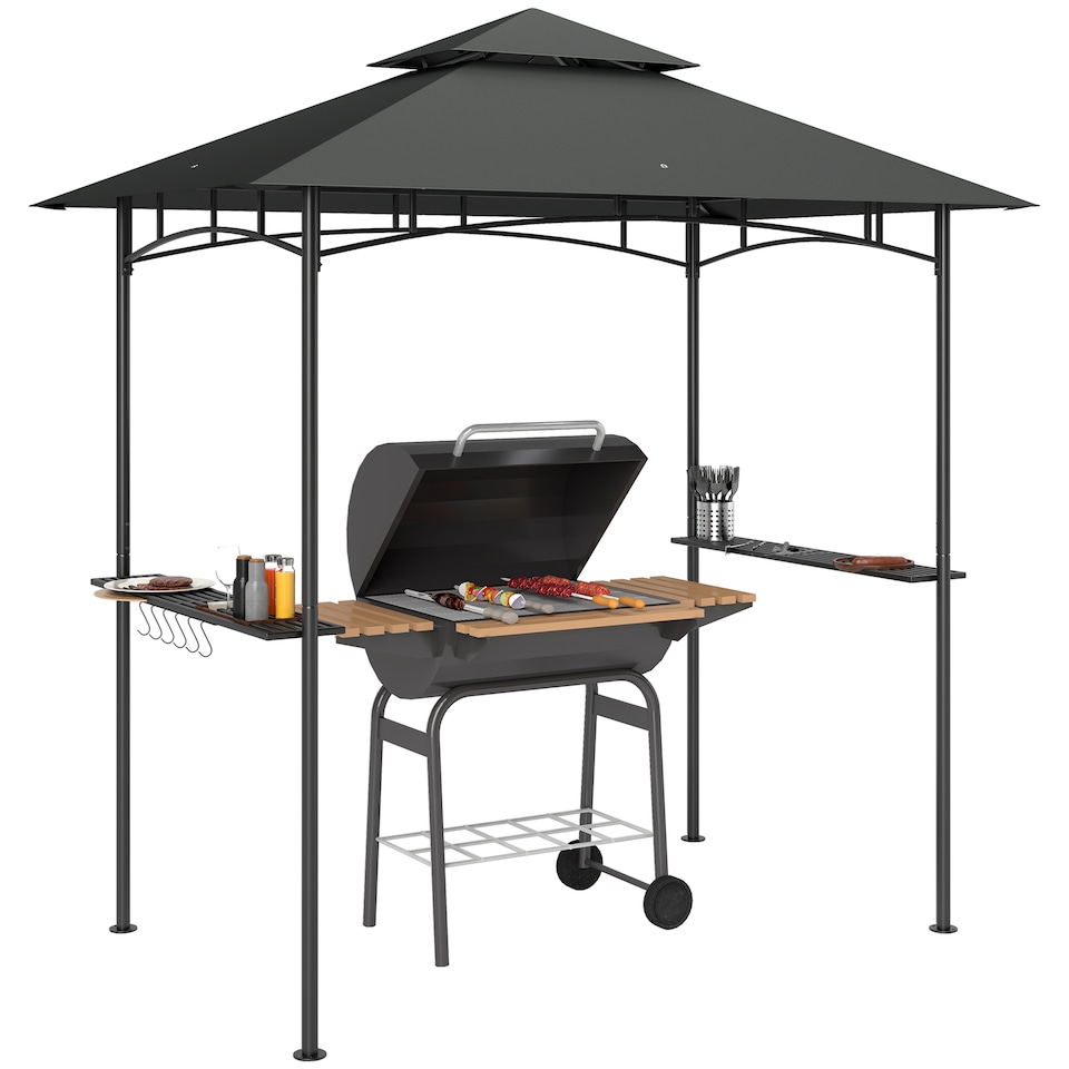 image 1 of Outsunny 2.4 x 1.5 m Grill Gazebo Canopy with LED Lights, Double Tiered Outdoor BBQ Gazebo Shelter with 2 Side Shelves, Storage Basket and Hooks for Garden, Barbecue, Picnic, Dark Grey