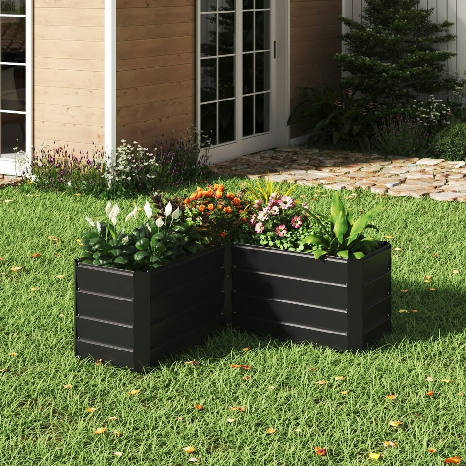 Living and Home Outdoor Metal L-Shaped Raised Garden Bed, Charcoal