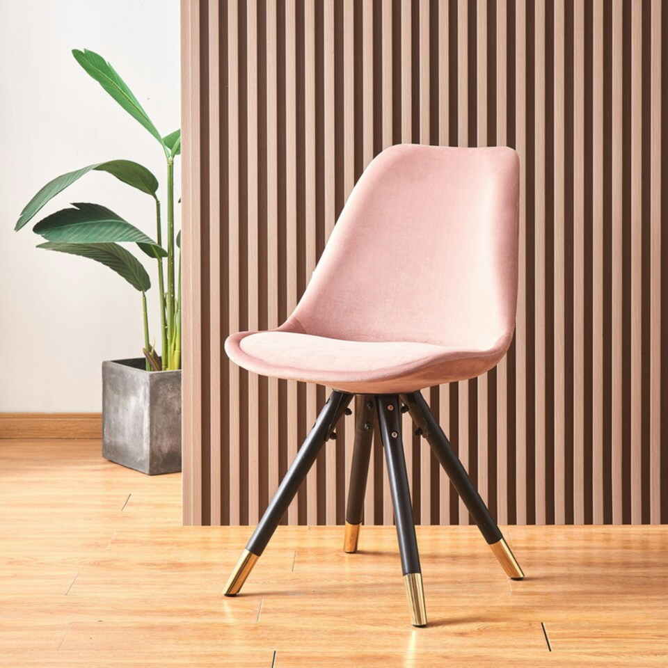 image 1 of Set of 2 Sofia Ergonomic Modern Dining Chairs Upholstered in Velvet, Metal Legs with Gold End Tips Pink