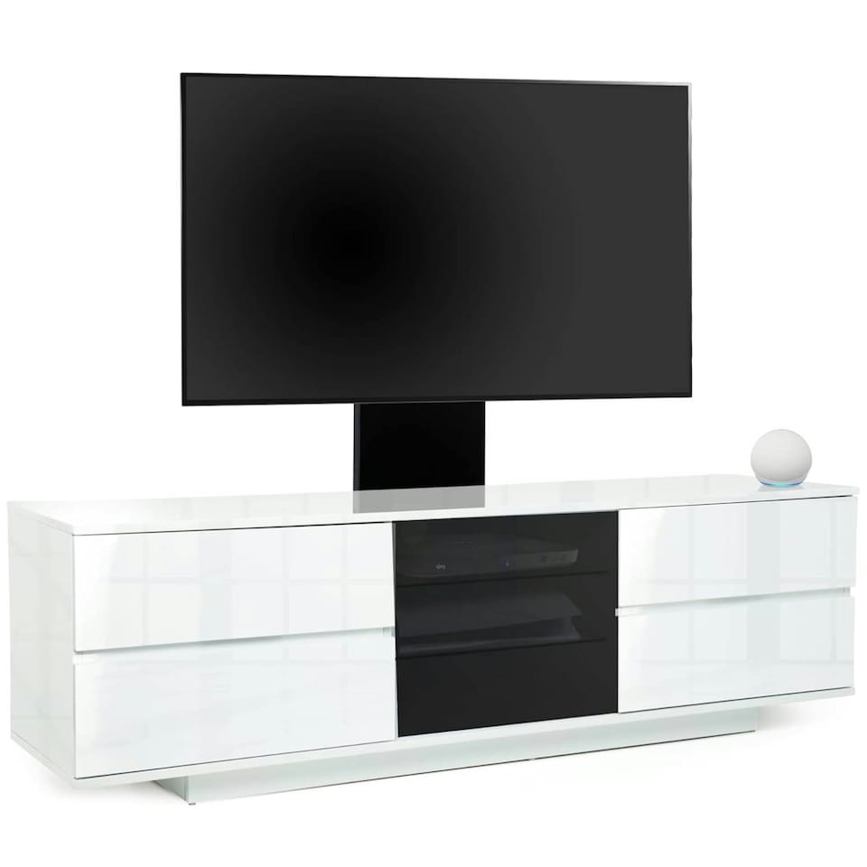image 1 of Centurion Supports AVITUS ULTRA Gloss White Remote Friendly BeamThru Door with 4-White Drawers up to 65" Flat Screen TV Cabinet with Mounting Arm White
