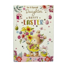 For A Special Daughter Teddy With Bunch Of Flower Design Easter Card