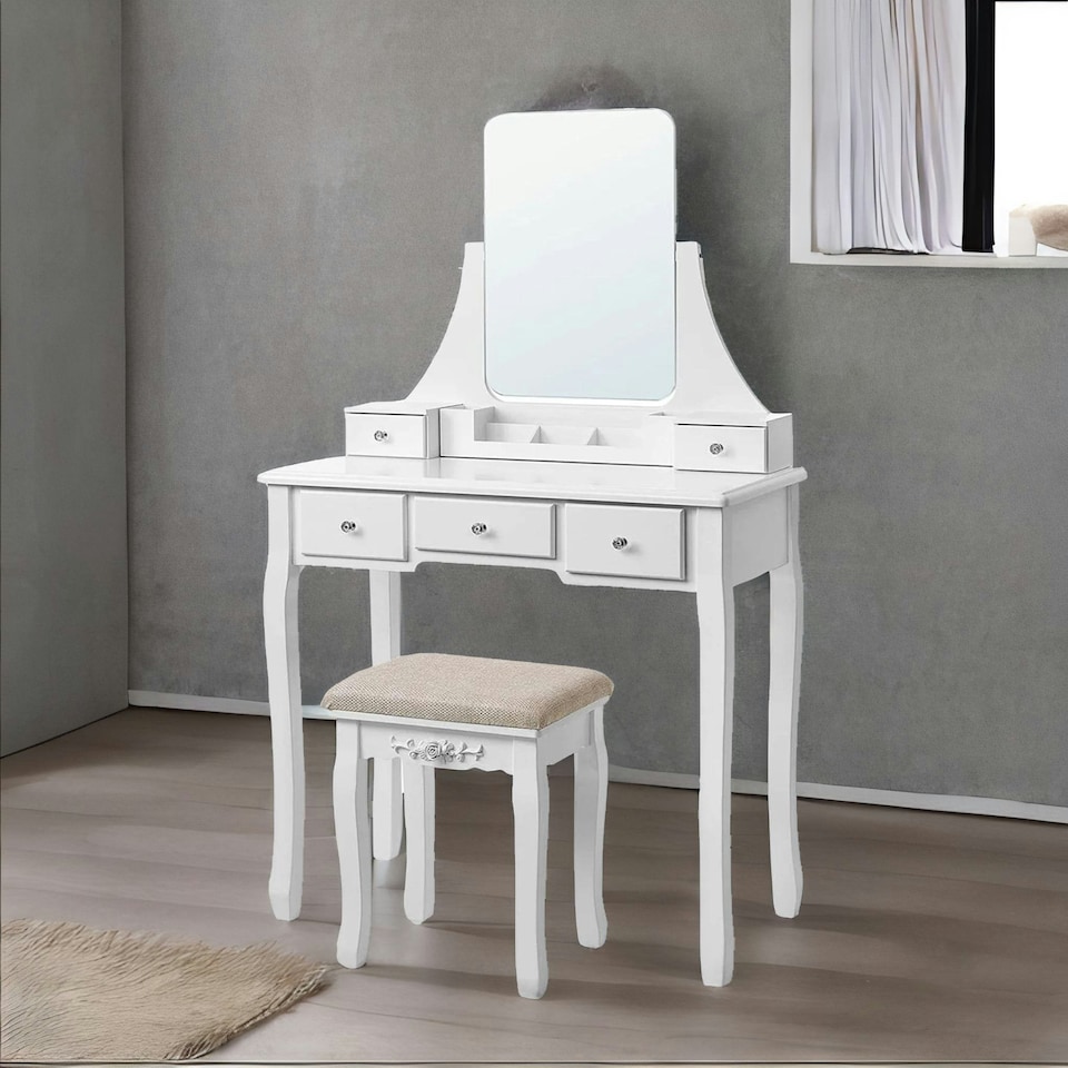 image 1 of 5 Drawer White Dressing Table With Mirror And Stool White