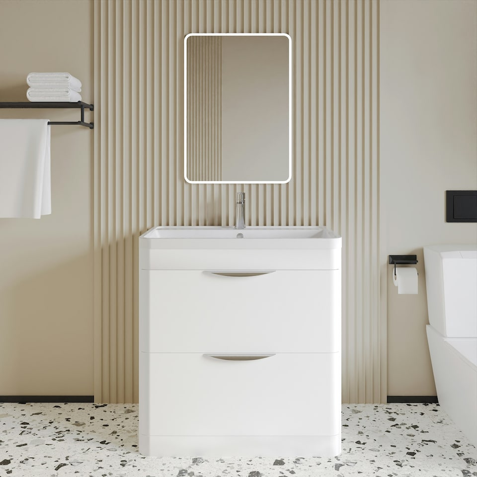 image 1 of Floor Standing 2 Drawer Vanity Unit with Polymarble Basin - 800mm - Gloss White White