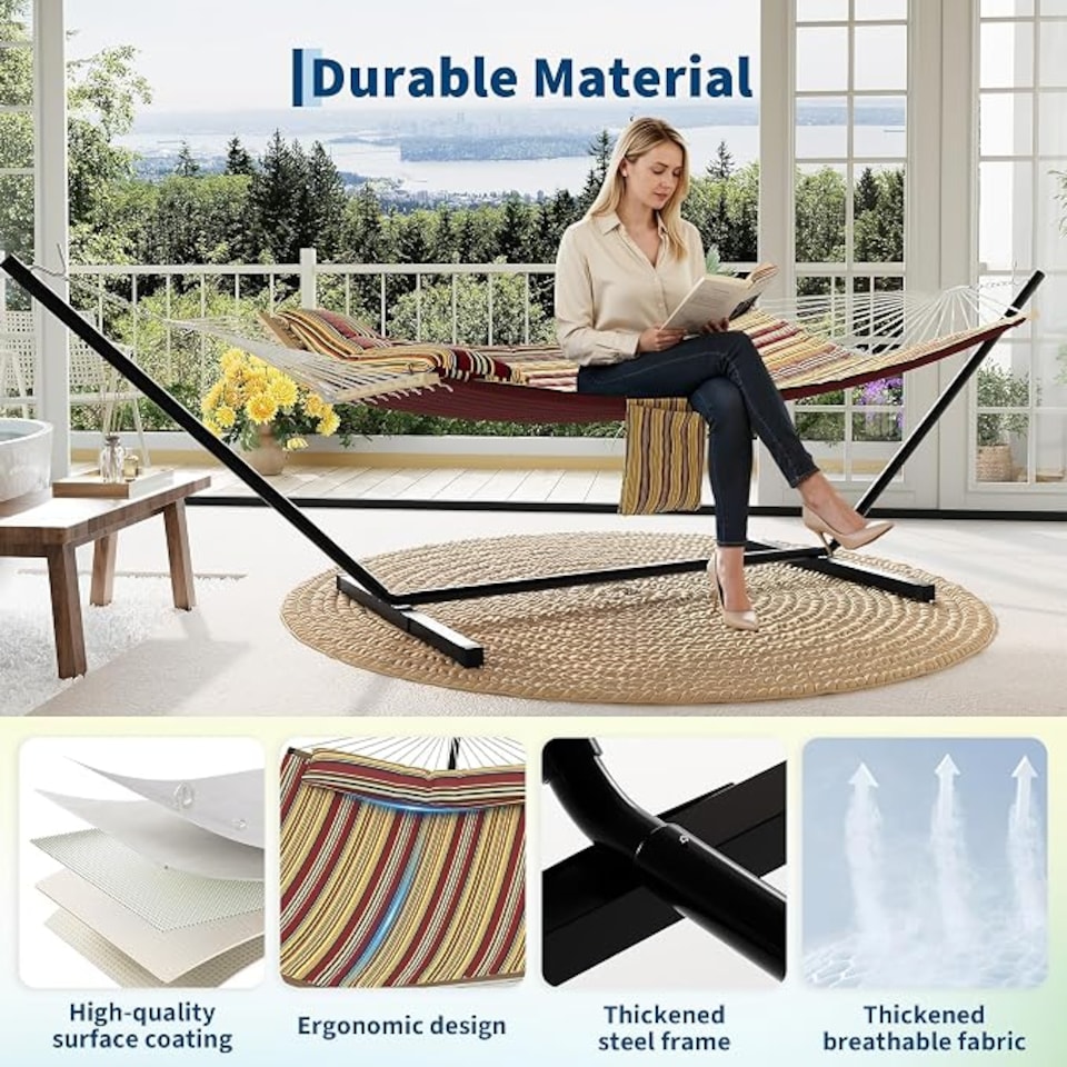 image 1 of London Boutique Double Hammock with Steel Stand, Burgundy Brown 3.65L x1.4W m