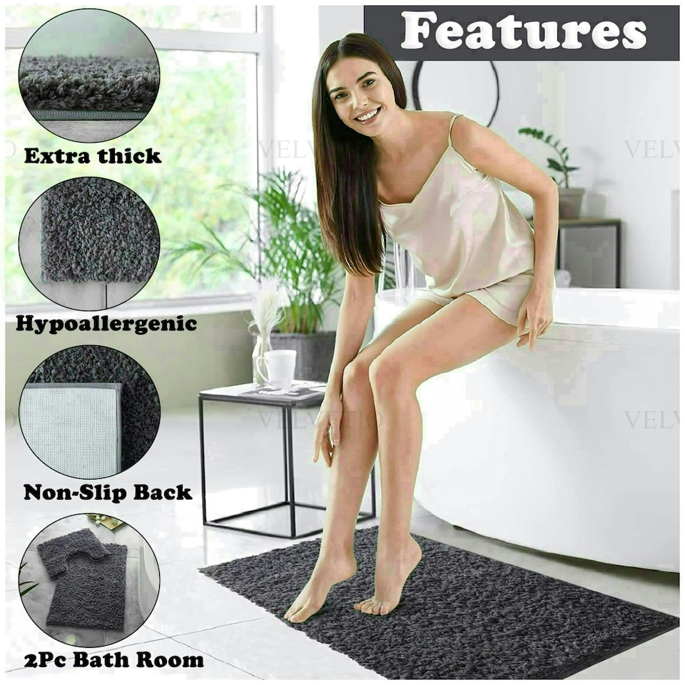 image 1 of VELVETIO Bath Mats & Pedestal Mat Set Anti Slip Super Soft Water Absorbent Grey | Charcoal