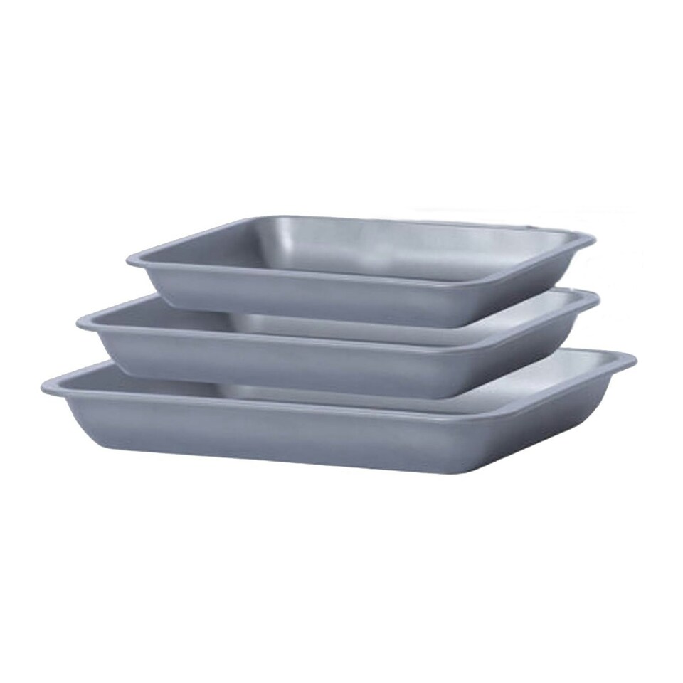 image 1 of Space Saving Non-Stick Stackable 6 Piece ( 35cm, 31cm & 28cm) Roasting Tin Tray Set Silver
