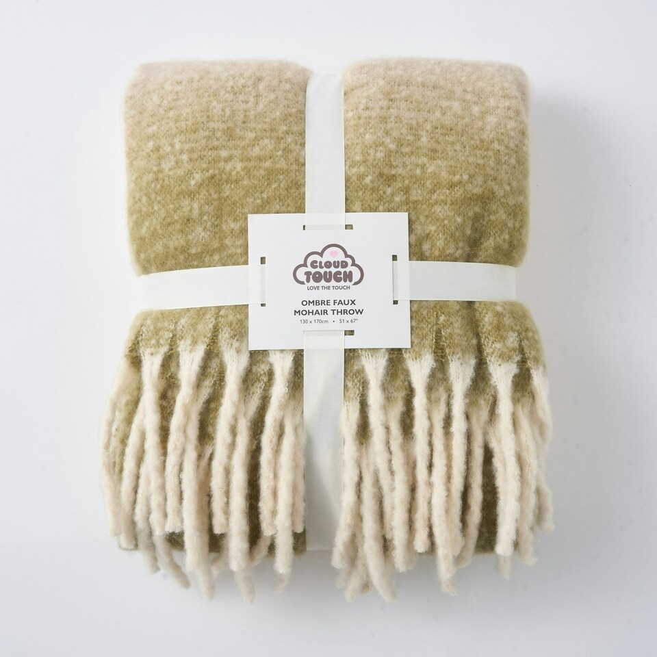 image 1 of Ombre Faux Mohair Throw - Soft, Stylish, Fringed Blanket Green
