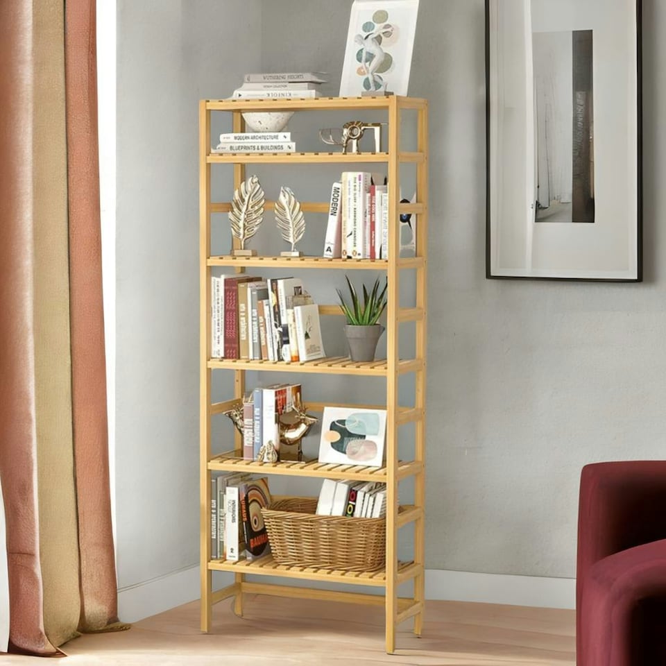 image 1 of 6 Tier Wooden Storage Rack With Adjustable Shelves Natural Brown Brown | One Size