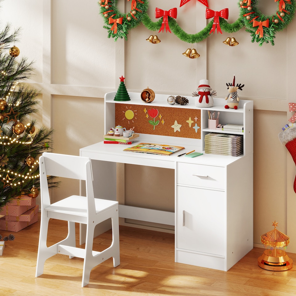 image 1 of COSTWAY Kids Study Desk and Chair Set Wooden Children Writing Table-White