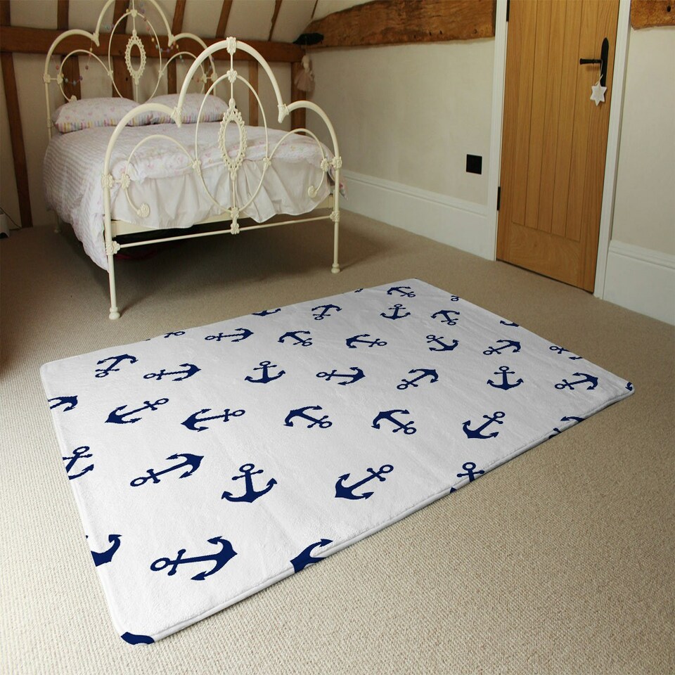 image 1 of Navy Anchors on White (Rug) Blue | Medium: 80x150cm