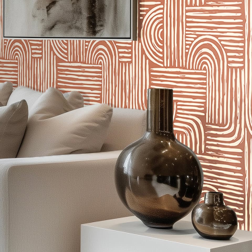 image 1 of Raffia Curves Wallpaper in Cream on Terracotta | Red | Dark, Red, Terracotta | 50cm x 10m