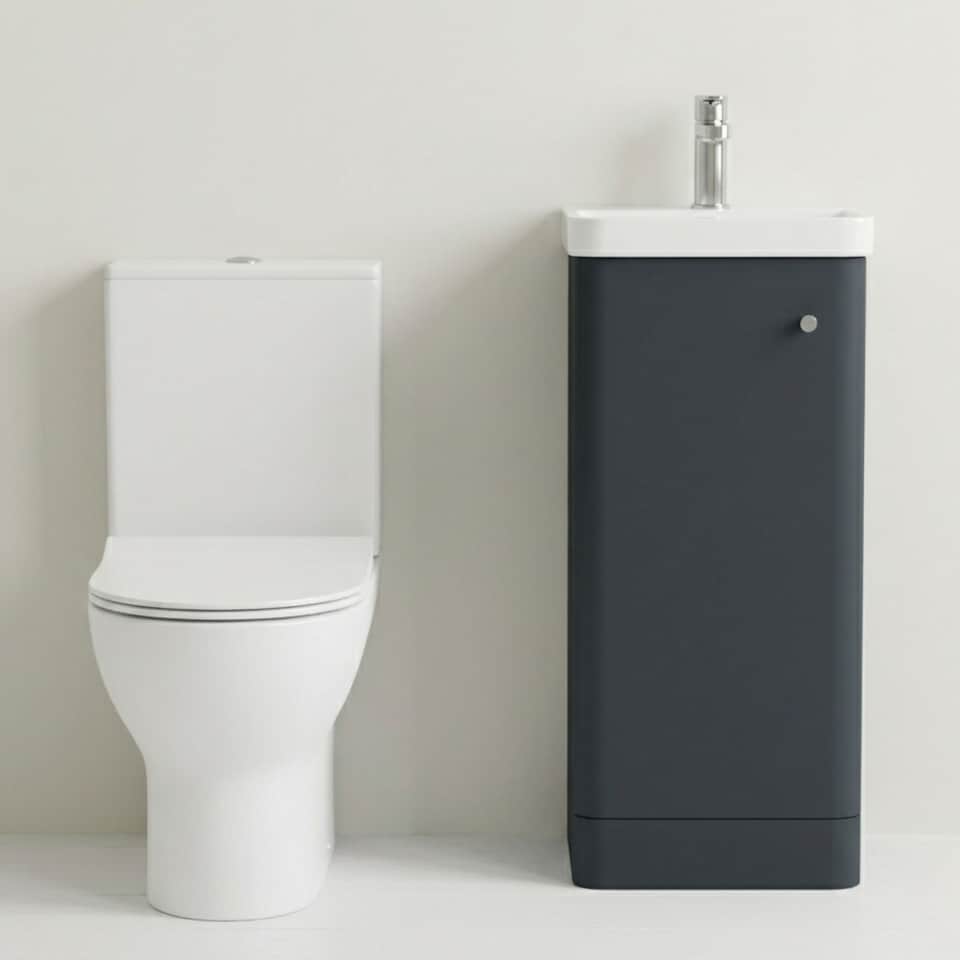 image 1 of Balterley Contemporary Floor Standing 1 Door Bathroom Vanity Unit, Basin, Tap & Toilet Pack | Grey | Satin Soft Black | 814 x 379 x 342mm