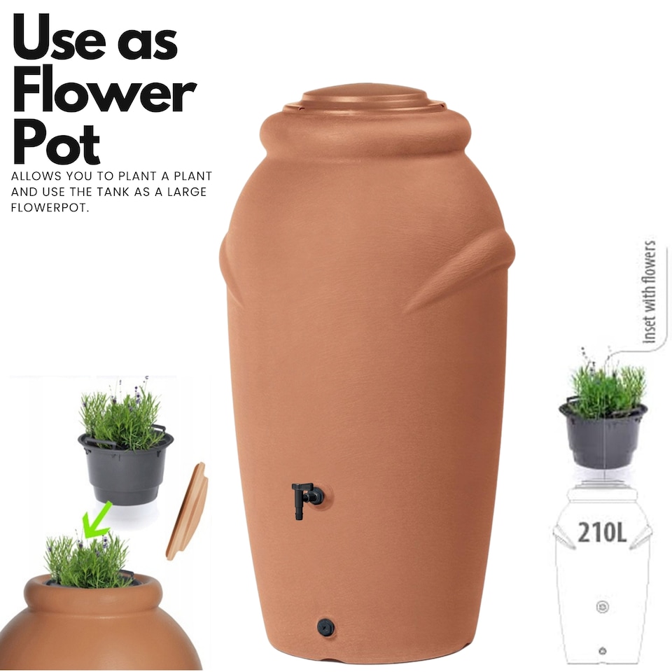 image 1 of Water Butt Kit with Tap, Diverter & Bio Cleaner –  Rainwater Collector for Garden, Balcony & Terrace – Durable Plastic Water Storage Tank | Brown | 210L