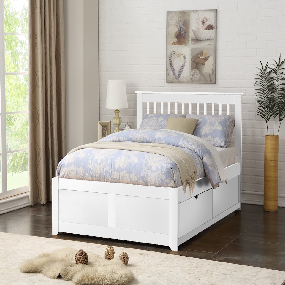 image 1 of 4ft6 Double White Finish Wood Bed Frame.2 Drawer Storage,Wooden Woodern, Bedstead