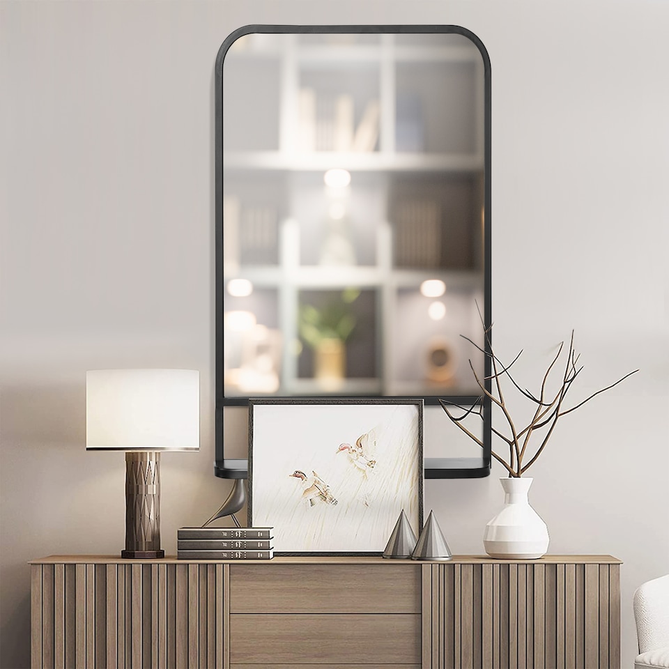 image 1 of HOMCOM Modern Square Wall Mirror with Storage Shelf, 86 53 Mirrors for Living Room, Bedroom, Black