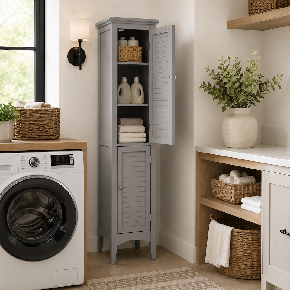 image 1 of Teamson Home Freestanding Linen Tower with Two Faux Louvered Doors, Gray, 63in