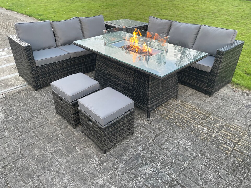 image 1 of Fimous 8 Seater Outdoor Rattan Garden Furniture Gas Fire Pit Table Sets Gas Heater Lounge Dark Grey Footstool