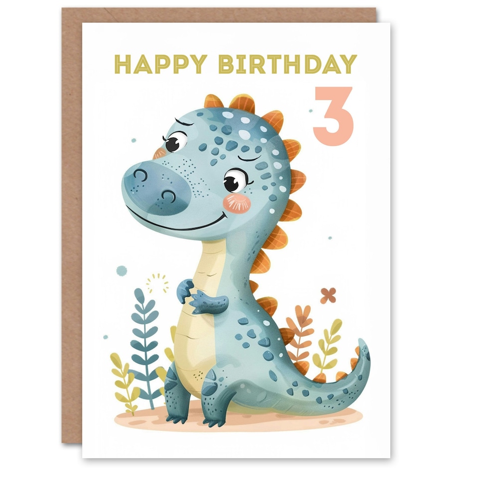 image 1 of Cute Dinosaur Cartoon Drawing Fun Kids Age 3 Year old Child Kids 3rd Birthday Card