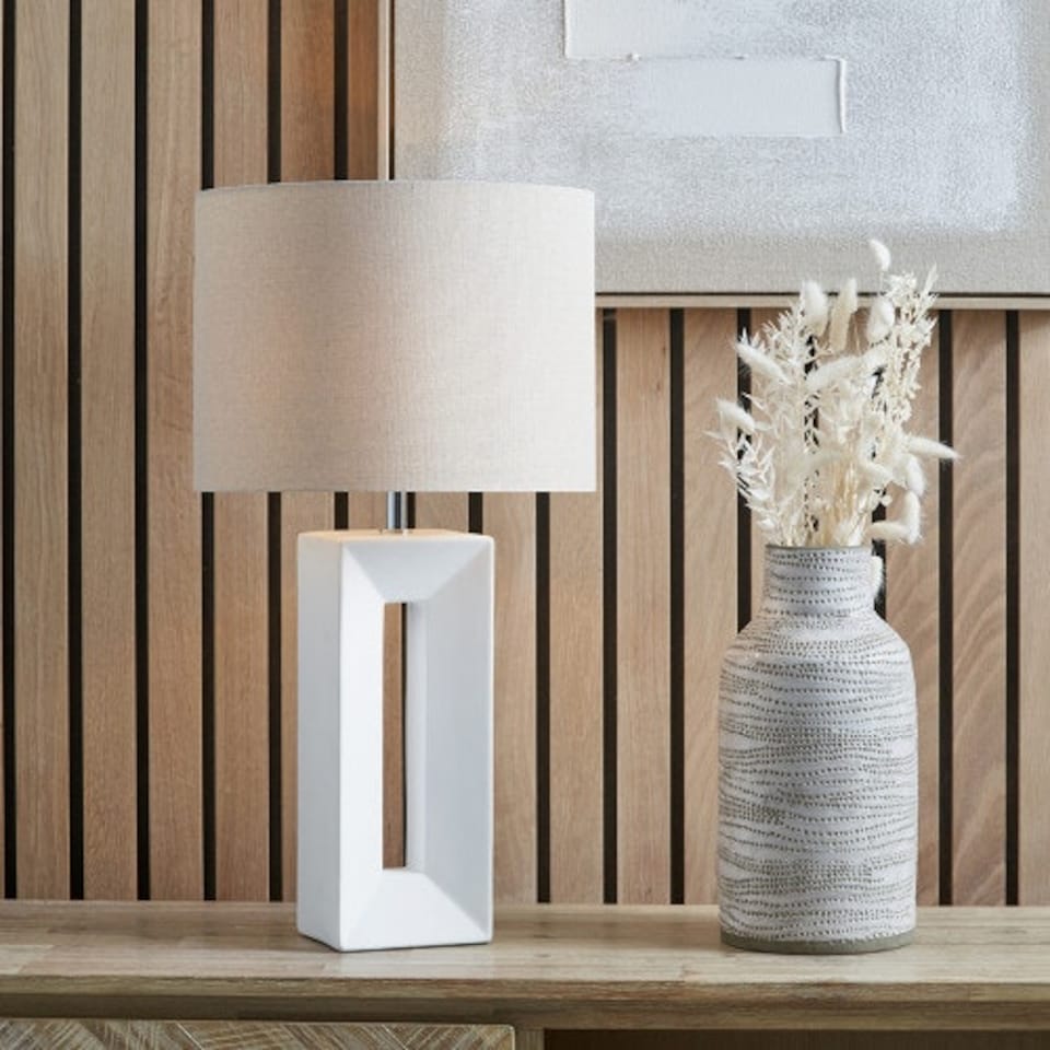 image 1 of Block White Ceramic Tall Table Lamp Cream | White