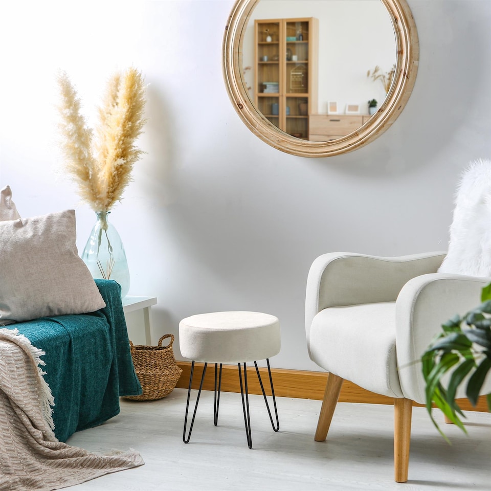 image 1 of Harbour Housewares Round Velvet Footstool - H40 x D35cm - Cream/Black | Cream | Cream/Black