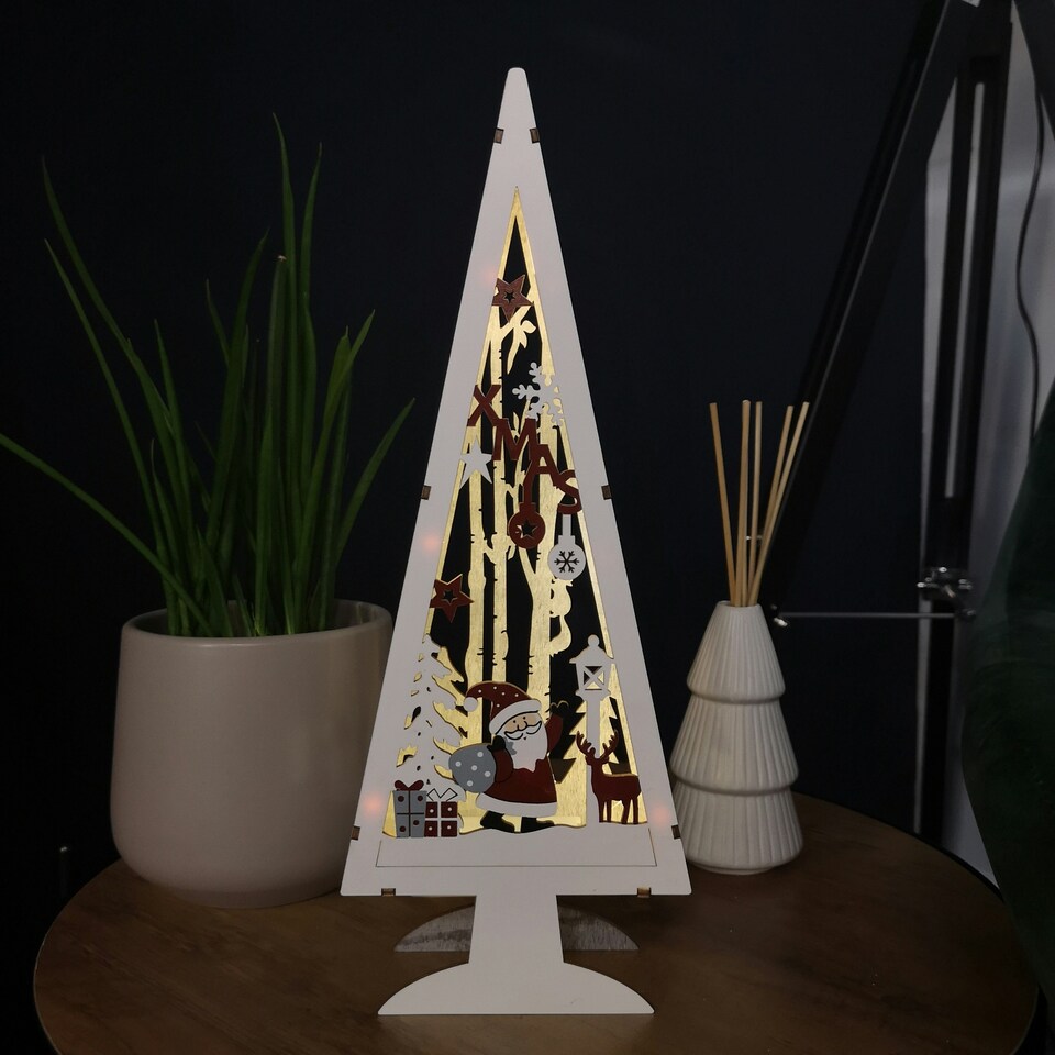 image 1 of 35cm Battery Operated Wooden Lit Tree with Santa Scene Christmas Decoration