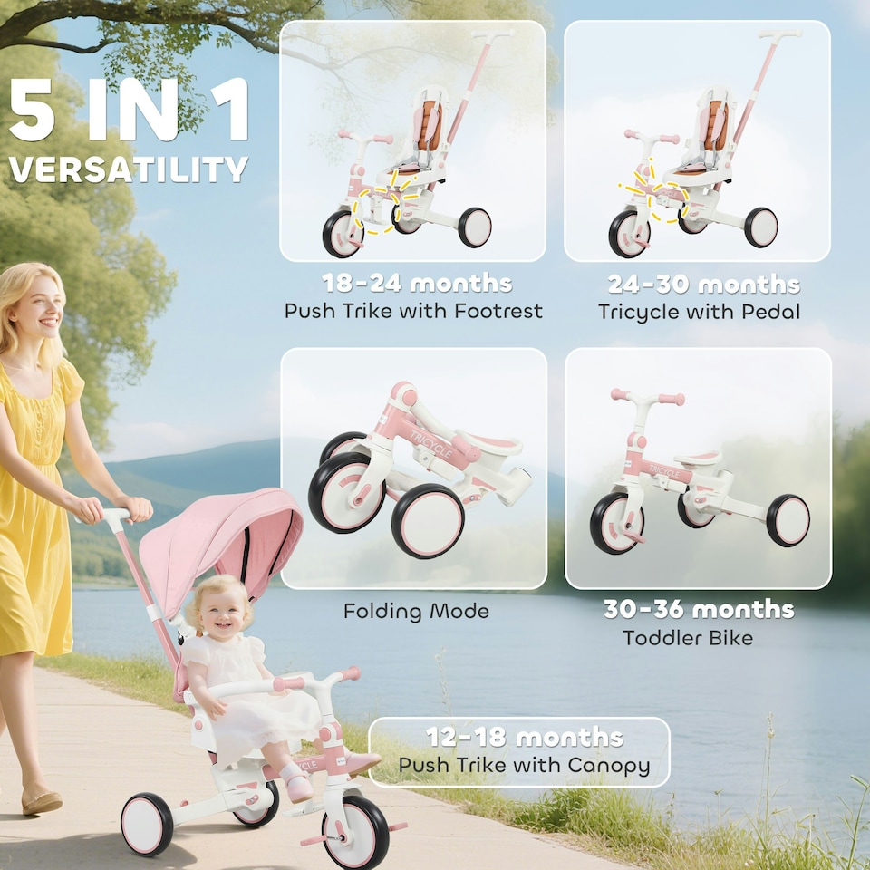 image 1 of AIYAPLAY 5 in 1 Foldable Kids Trike, Toddler Tricycle for 1-3 Years, Pink