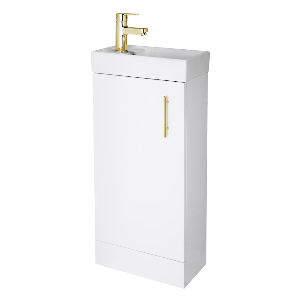 image 1 of Wall Hung Vanity Basin 400mm Gloss White & Brushed Brass Handle | White | Gloss White | 781 x 400 x 222mm