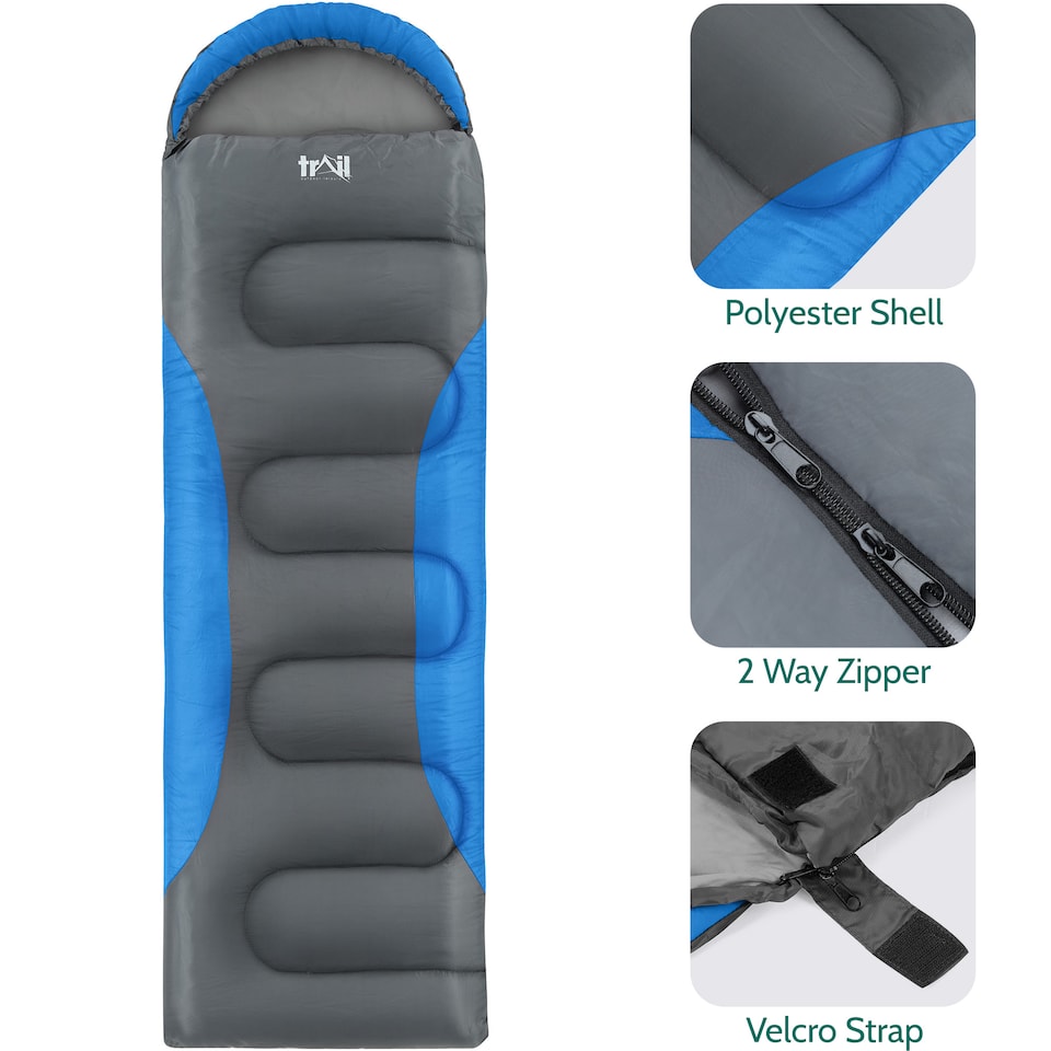 image 1 of Adult Sleeping Bag 3 Season Single Person Warm Hood Carry Bag Trail Alpine 250 | Blue | Single | 1