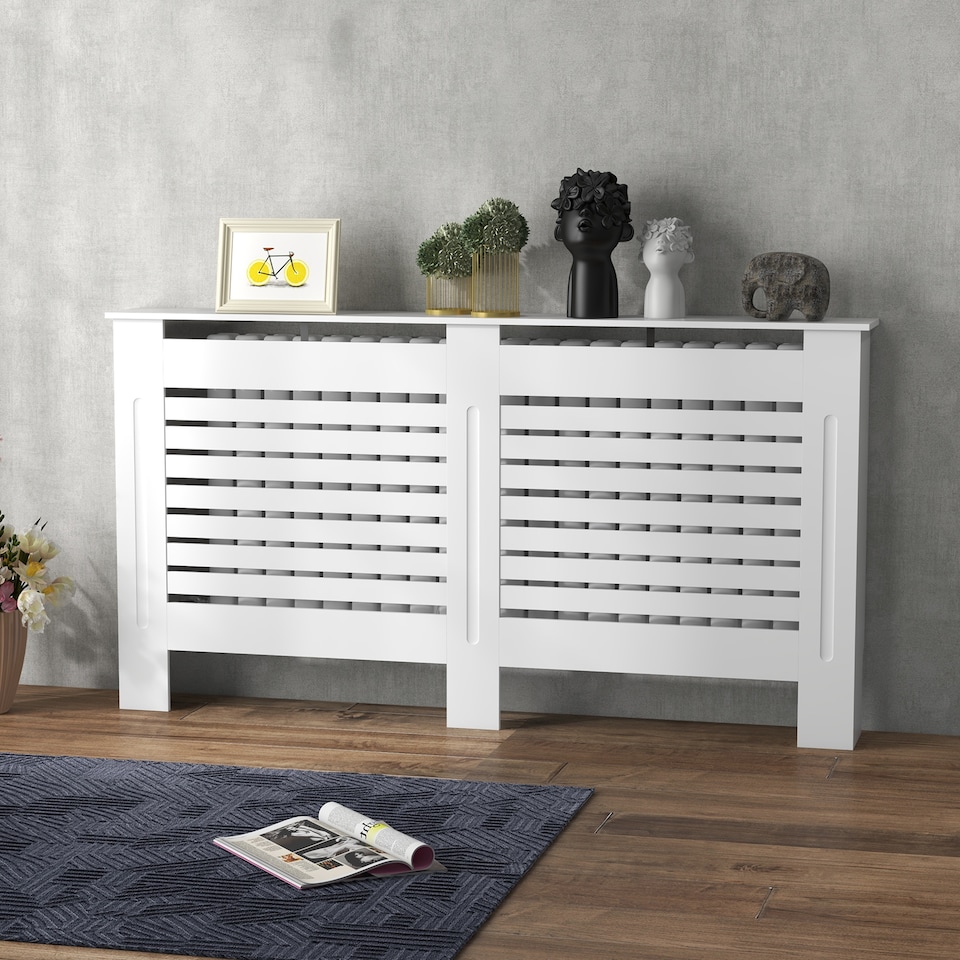 image 1 of HOMCOM White Painted Radiator Cover Wooden Cabinet Horizontal Slats Modern Style