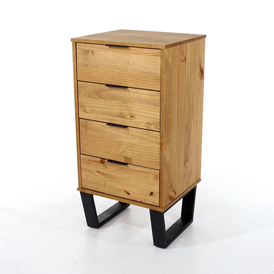 image 1 of Texas 4 Drawer Narrow Chest of Drawers - Industrial Style Pine Bedroom Storage Cabinet with Metal Legs | Brown | Brown | 1