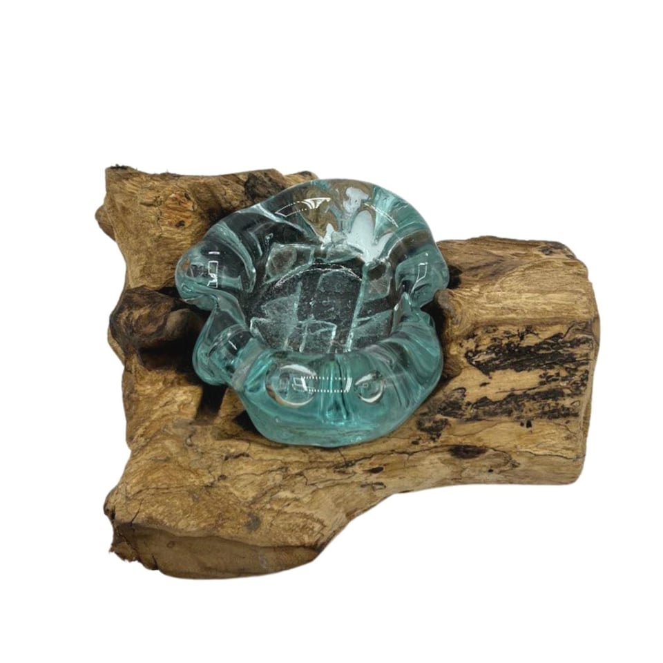 image 1 of Serenityy Molten Glass Single Candle Holder on Wood - Teal Glass, Natural Wood Base