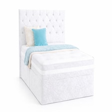 Chesterfield White Crushed Velvet Single 3ft  Divan Bed With 54inch Floorstanding Headboard and Mattress 2 Drawers Same Side