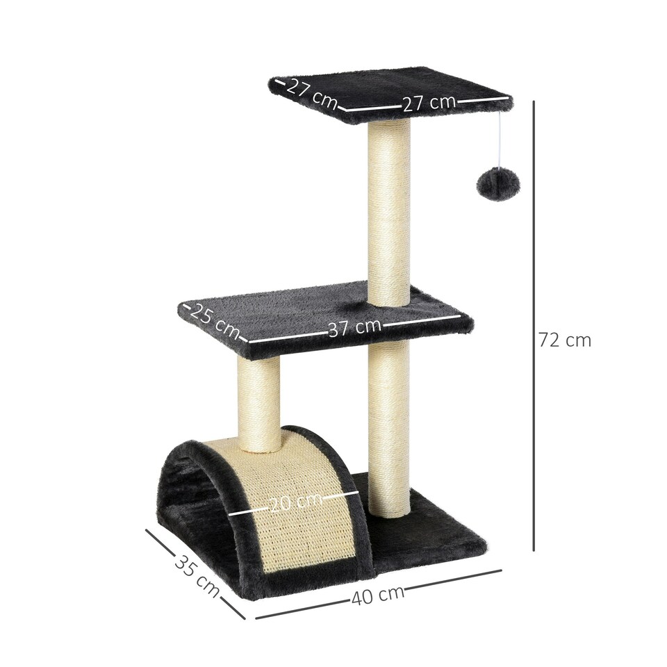 image 1 of PawHut Cat Tree Tower with Sisal Scratch Post, Arc Perch, 72cm, Black
