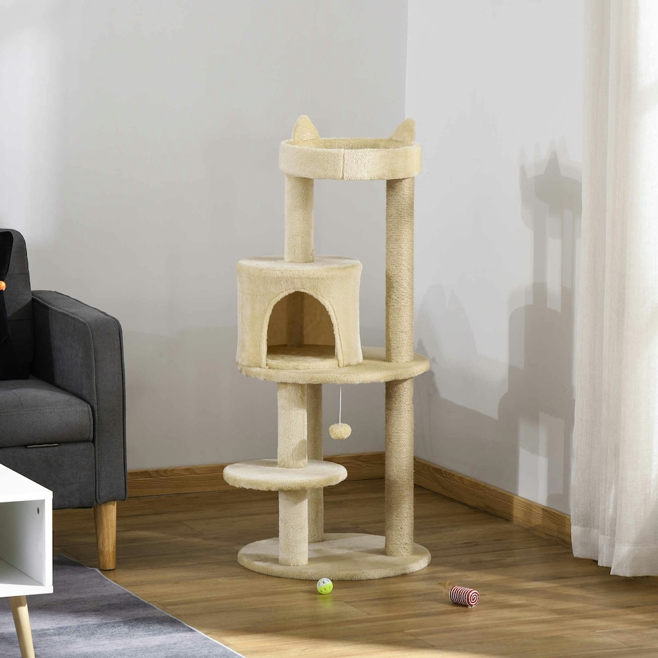 image 1 of PawHut 104cm Cat Tree Condo Tower with Scratching Post Perch Ball, Cream