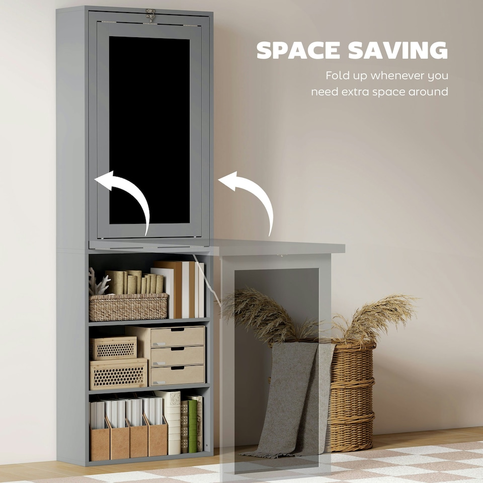 image 1 of HOMCOM Folding Convertible Desk with Blackboard and Bookshelf, Grey
