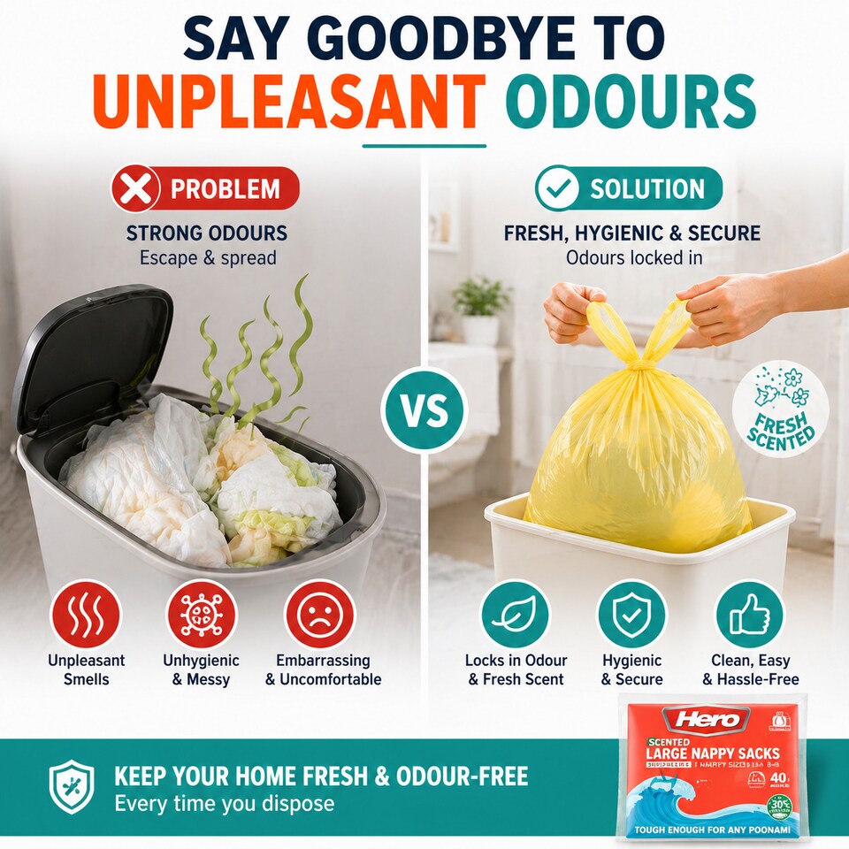 image 1 of HERO Large Scented Nappy Sacks – Pack of 40 | Adult Nappy Disposal Bags | Large Dog Waste Bags | Incontinence Waste Bags with Tie Handles | Fresh Scent, Hygienic