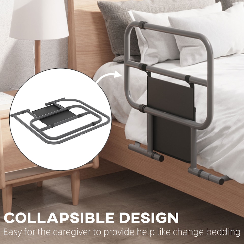 image 1 of HOMCOM Folding Bed Rail for Elderly Safety Bed Assist Bar w/ Pocket for Adults