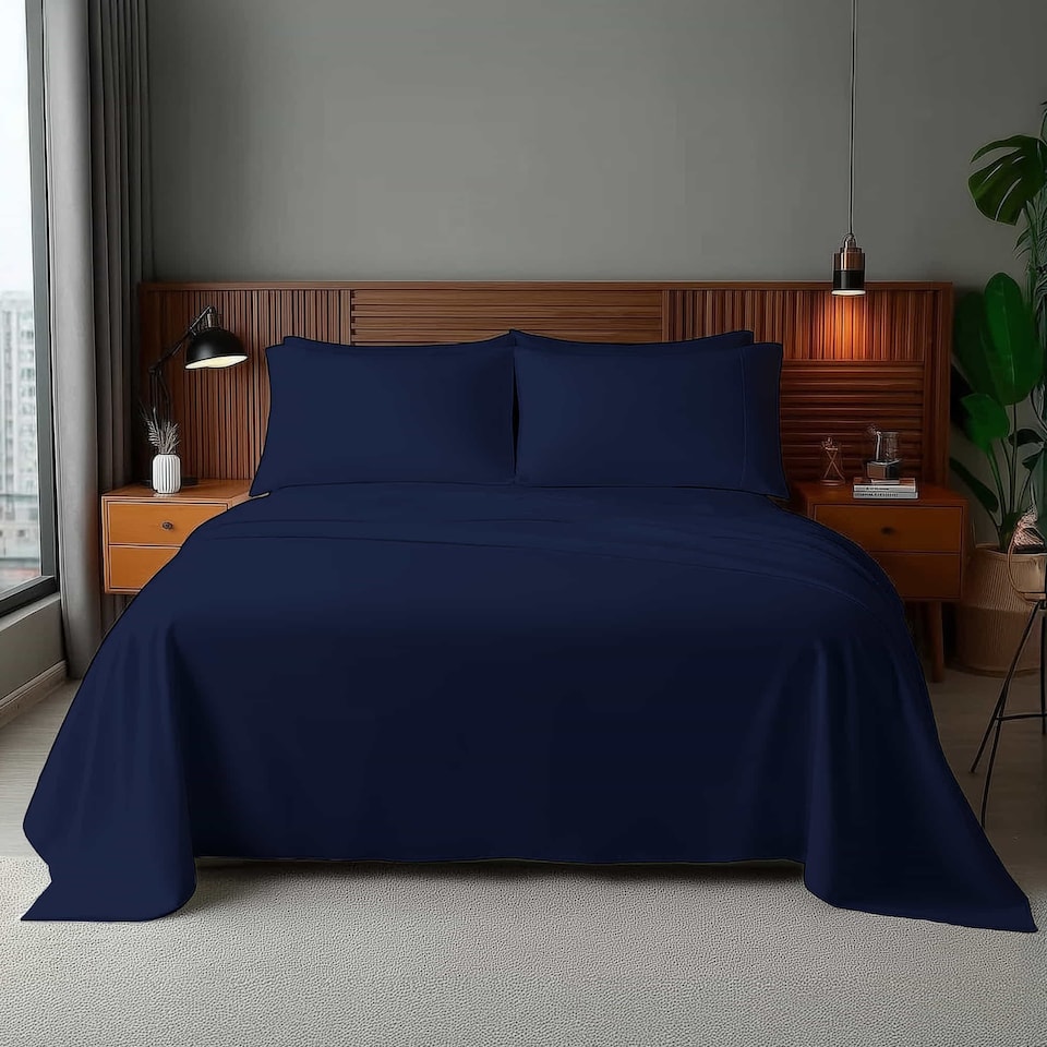 image 1 of Microfibre Soft Touch Flat Sheet Plain Dyed Bed Linen | Blue | Navy Blue | Double