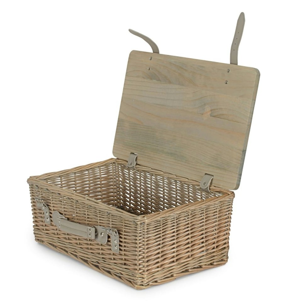 image 1 of Antique Wash Empty Picnic Basket with Pinewood Lid | Brown | M