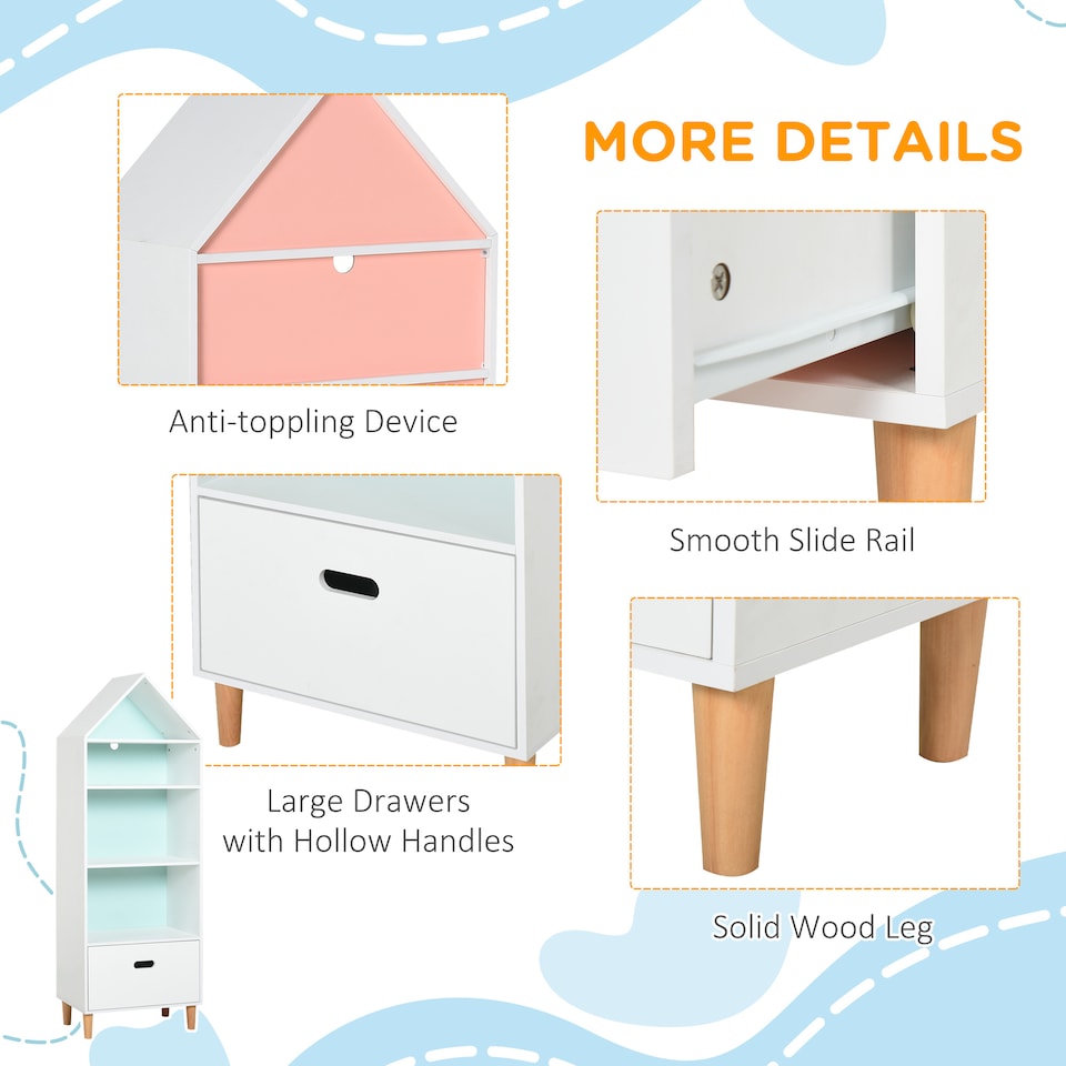 image 1 of HOMCOM Kids Children Wooden Bookcase w/Drawer Bedroom Furniture Bookshelf Storage Rack Display Unit Toys Games Organisation Cabinet Pink Blue Back Panel 50 x 30 x 142 cm