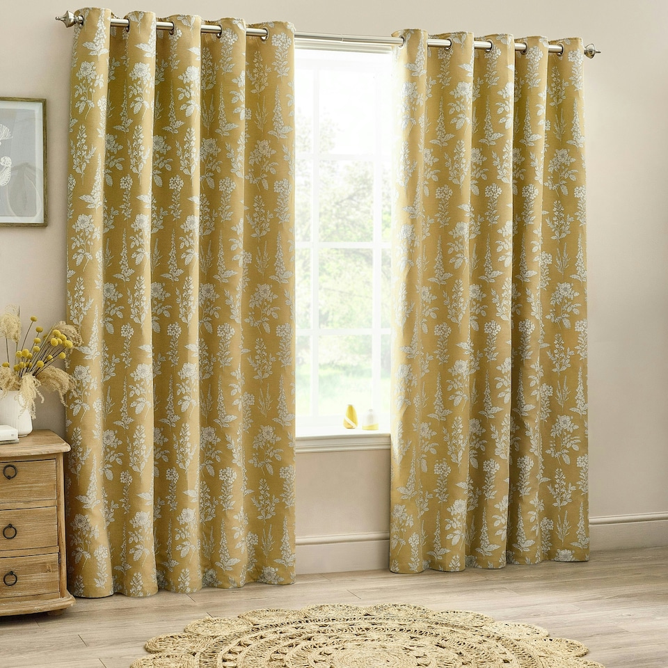 image 1 of Wylder Floral Jacquard Gold Eyelet Curtains 229 x 137cm