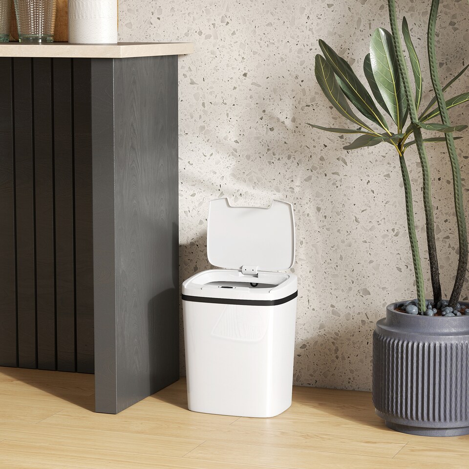 image 1 of HOMCOM 15L Sensor Bin, Automatic Touchless Kitchen Bin with Dual-Mode Opening, Easy Clean, Battery Operated for Home Office, Bedroom, Bathroom, White | White | White