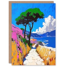 Santorini Greece Coastal Path Colourful Landscape Birthday Greeting Card
