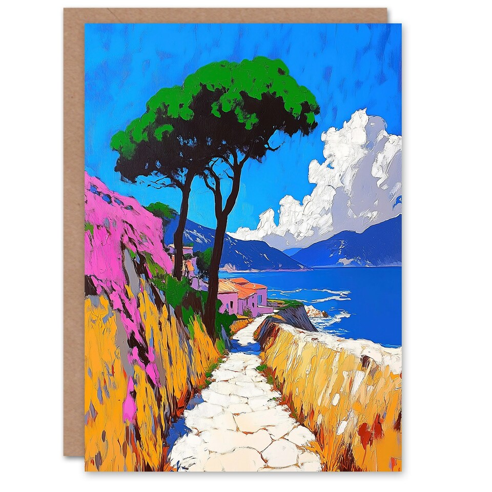 image 1 of Santorini Greece Coastal Path Colourful Landscape Birthday Greeting Card