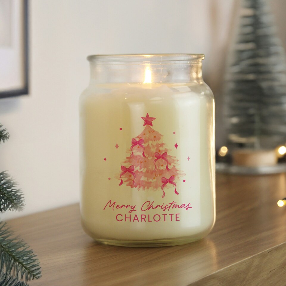 image 1 of Personalised Pink Christmas Tree Large Candle Jar