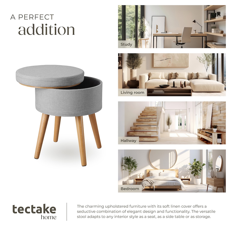 image 1 of Stool Yara - round, padded, with storage space, linen look | Grey | light grey | 42,50 x 42,50 x 45,50 cm | 1