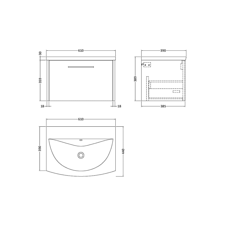 image 1 of Balterley Winshill Contemporary 1 Drawer Wall Hung Vanity Unit with Curved Basin, Metallic Slate, 600mm