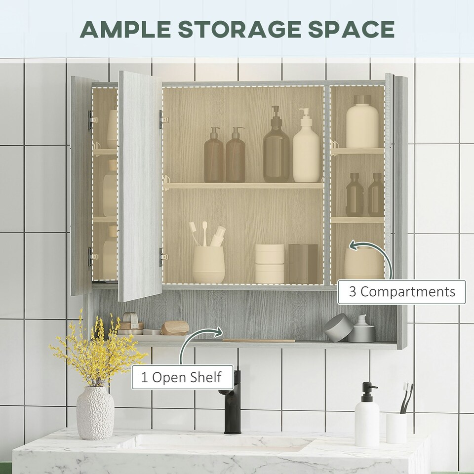 image 1 of kleankin Bathroom Cabinet Wall Mounted Mirror Adjustable Shelves