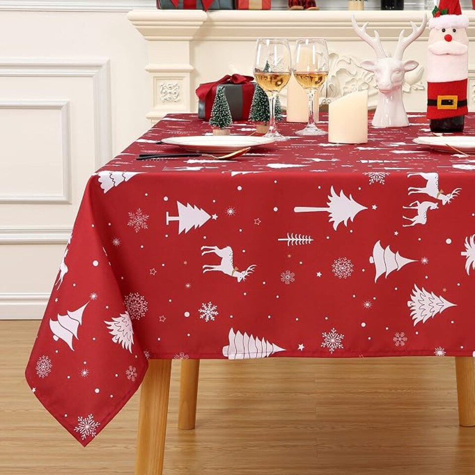 image 1 of London Boutique Christmas Tablecloth, Waterproof Washable Polyester Oxford Table Cover with Xmas Tree Reindeer Print